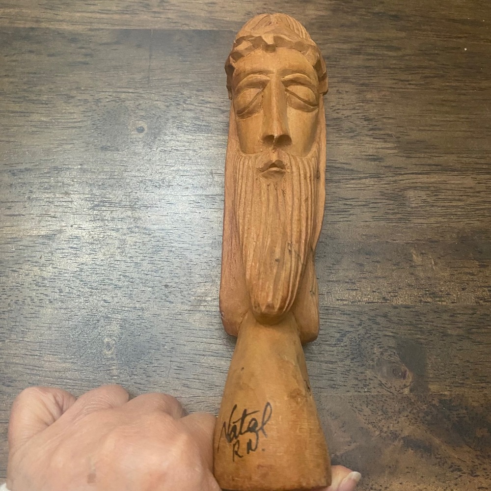 Hand Carved Wood Jesus Christ Bust Crown of Thorns Signed Natal RN Folk Art